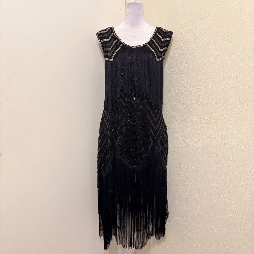 Fundaisy Black Sequin Fringe Scoop Neck Dress 1920s Gatsby Art Deco Western XL